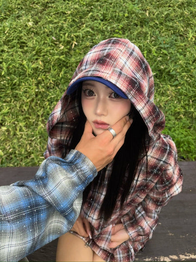 Rhinestone check shirt zip hoodie 