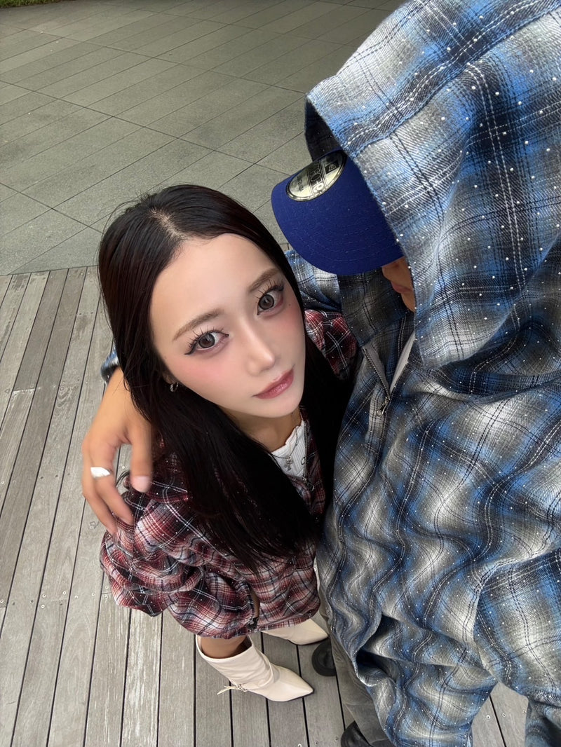 Rhinestone check shirt zip hoodie 