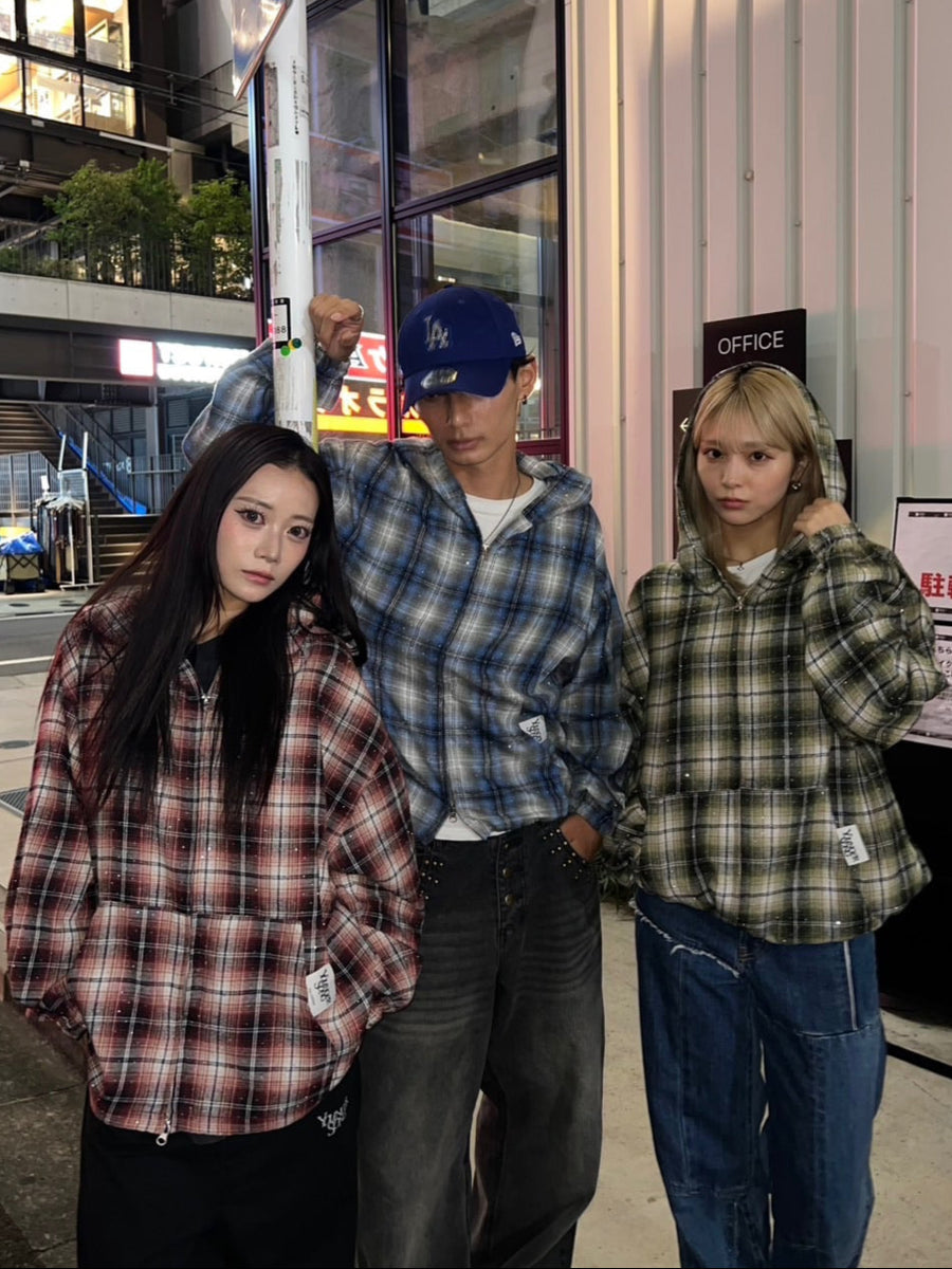 Rhinestone check shirt zip hoodie – YZ
