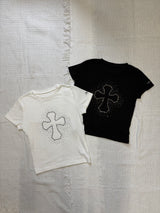 Cross logo rhinestone tee 【yung】