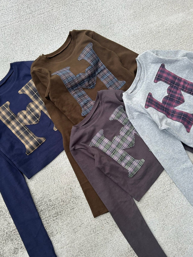 H heart check pattern long Tee