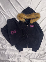 90 Logo Glitter Fur Zip Hoodie 