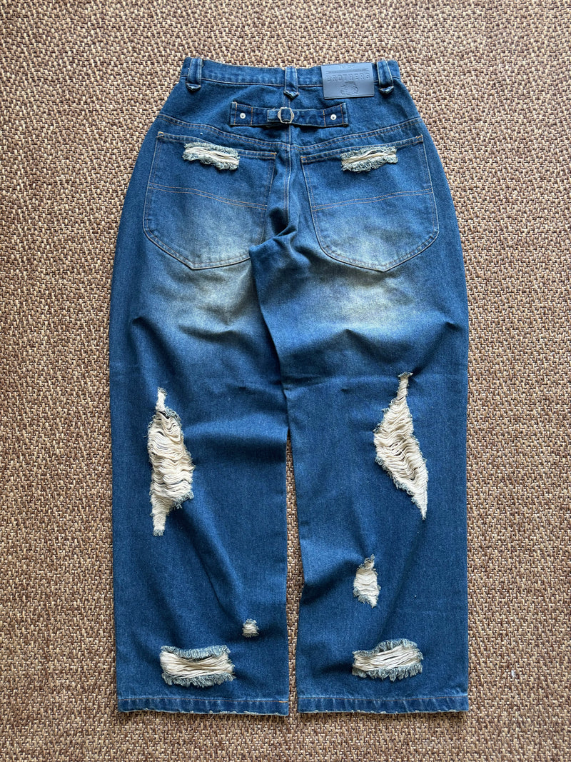 Distressed washed wide denim pants