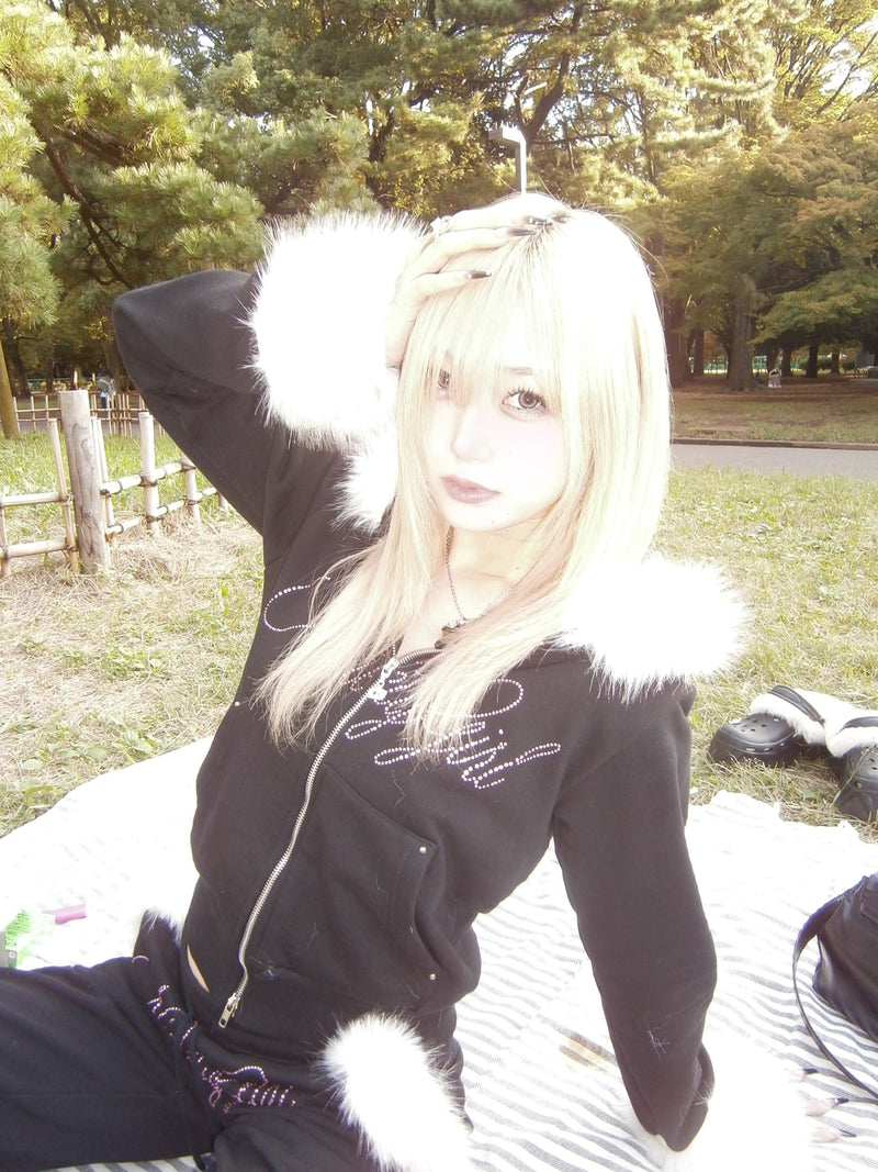 Ninety Girl Rhinestone Fur Zip Hoodie