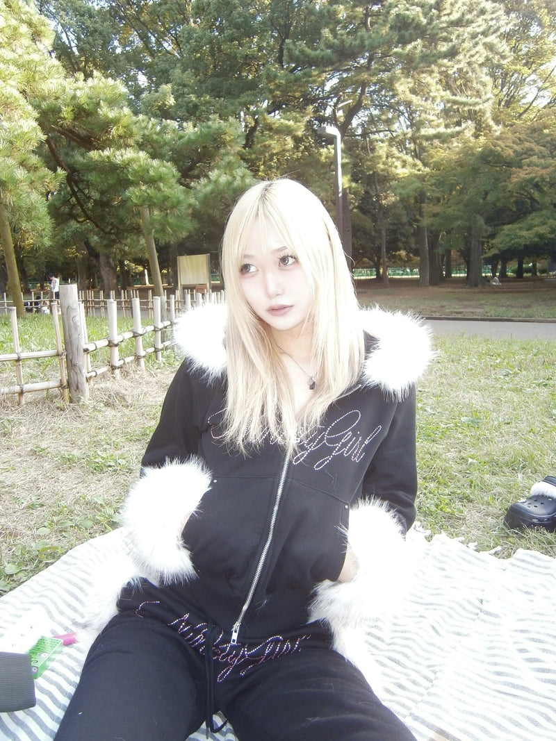 Ninety Girl Rhinestone Fur Zip Hoodie