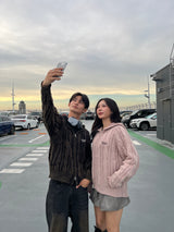 Powder wash cable knit zip hoodie