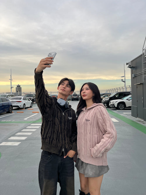 Powder wash cable knit zip hoodie