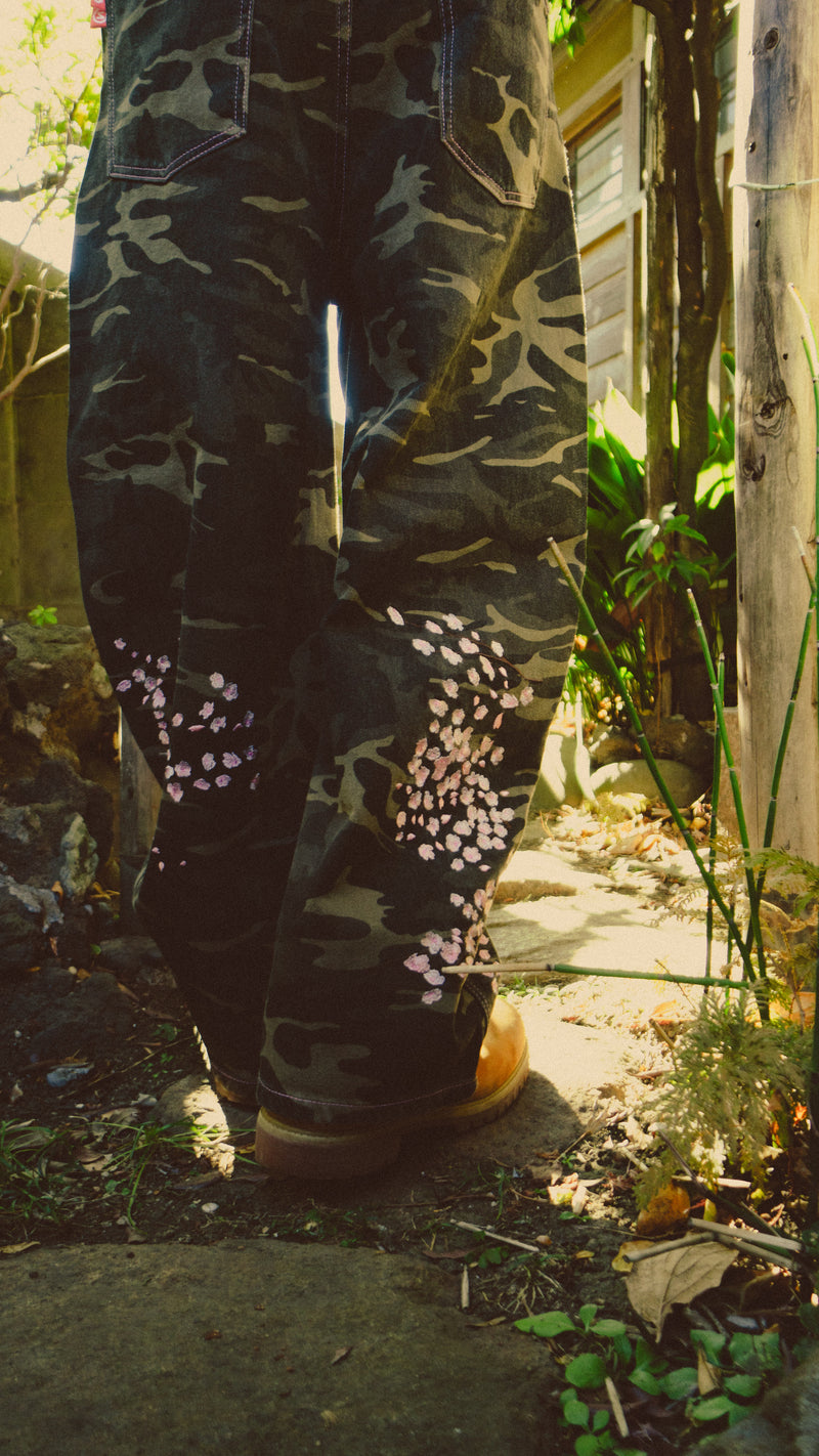 Sakura Embroidered Slub Denim Buggy Pants – YZ