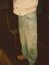 Sakura Embroidered Slub Denim Buggy Pants 