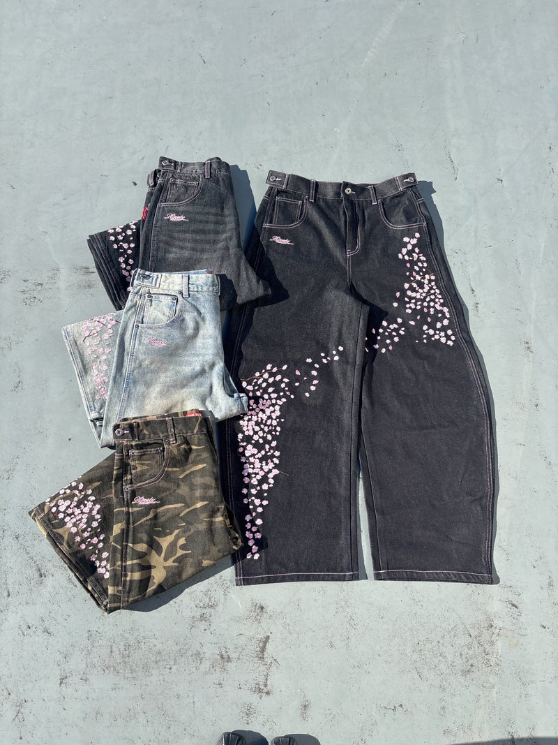 Sakura Embroidered Slub Denim Buggy Pants – YZ
