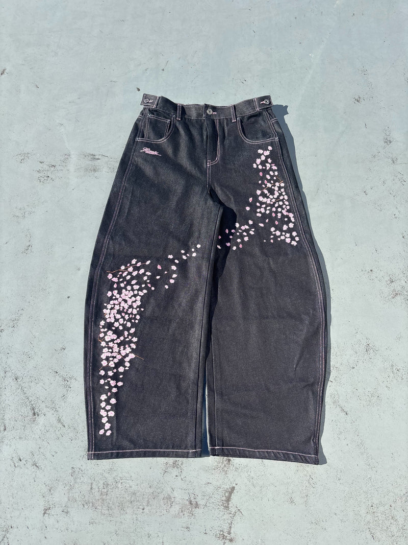 Sakura Embroidered Slub Denim Buggy Pants – YZ