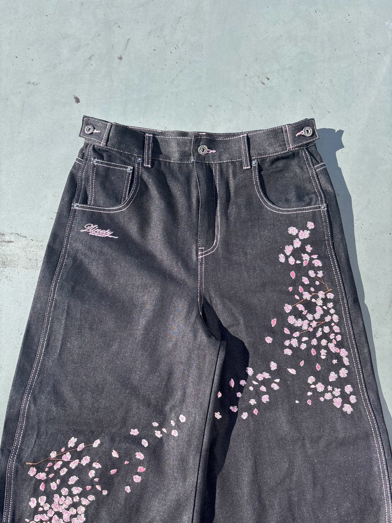 Sakura Embroidered Slub Denim Buggy Pants – YZ