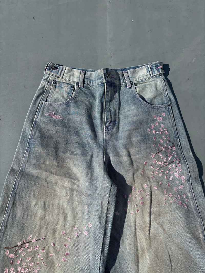 Sakura Embroidered Slub Denim Buggy Pants – YZ