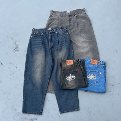 King Logo Wide Tuck Denim Pants