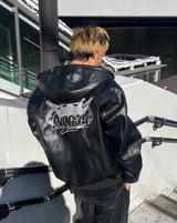 King Logo Synthetic Leather Hooded Jacket