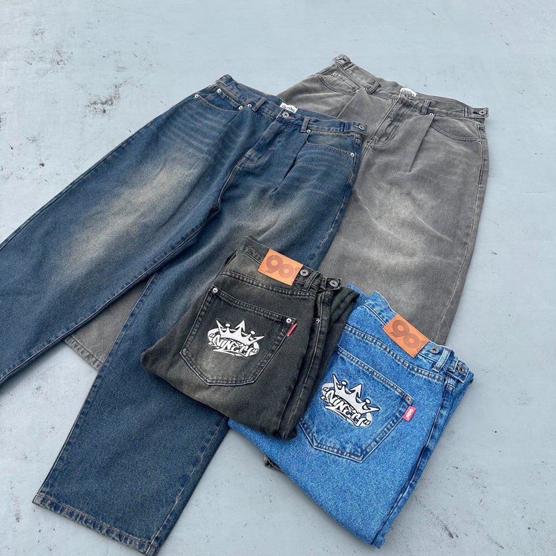 King Logo Wide Tuck Denim Pants