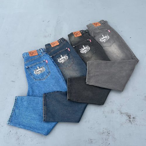 King Logo Wide Tuck Denim Pants