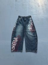 Tribal Logo Slub Denim Baggy Pants
