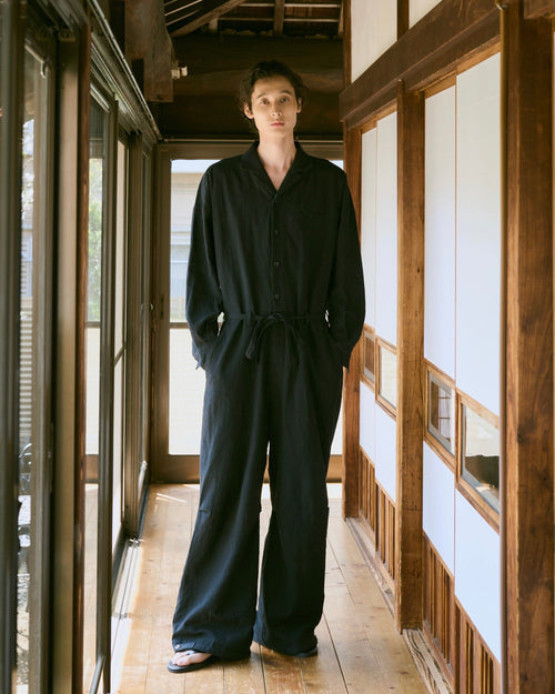 open collar cotton linen belted l/s jump suit