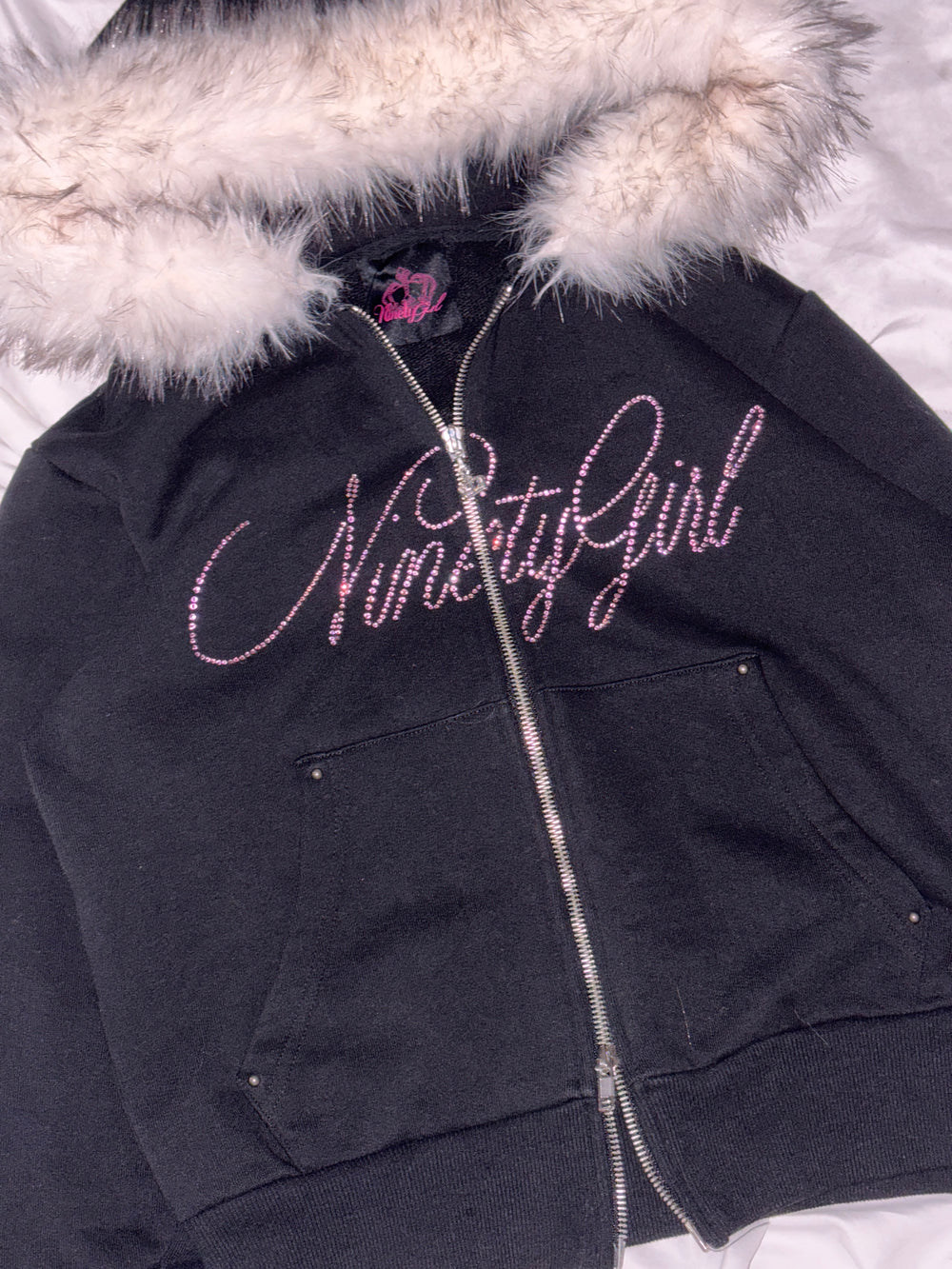 Ninety Girl Rhinestone Fur Zip Hoodie – YZ