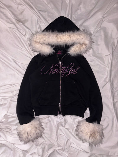 Ninety Girl Rhinestone Fur Zip Hoodie