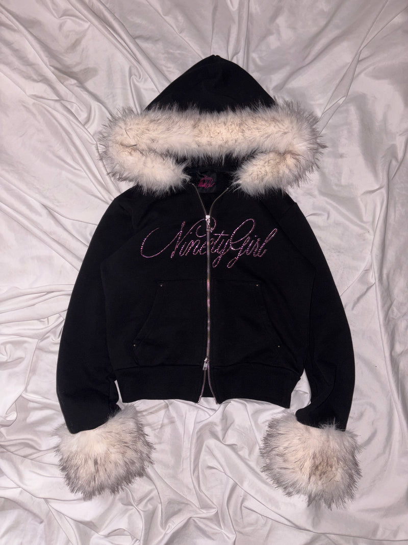 Ninety Girl Rhinestone Fur Zip Hoodie