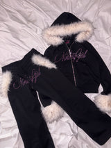 Ninety Girl Rhinestone Fur Zip Hoodie