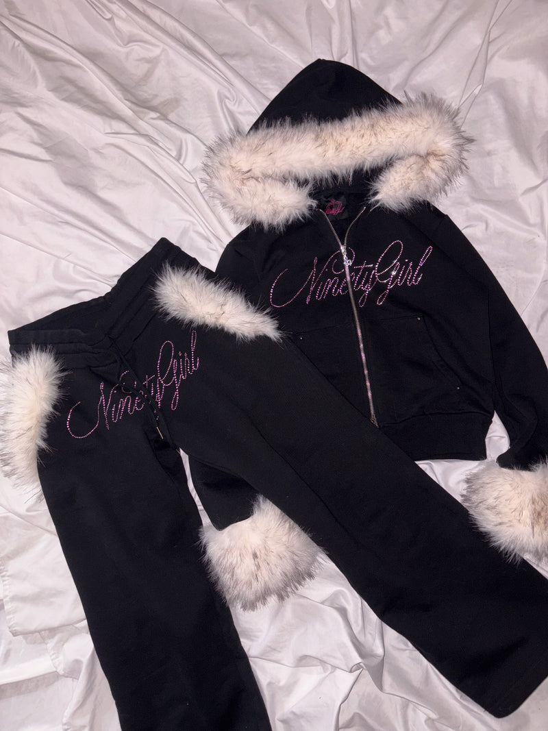 Ninety Girl Rhinestone Fur Zip Hoodie