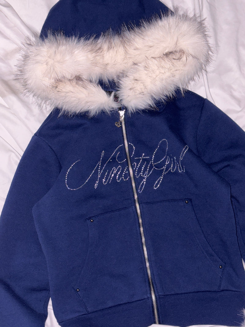 Ninety Girl Rhinestone Fur Zip Hoodie