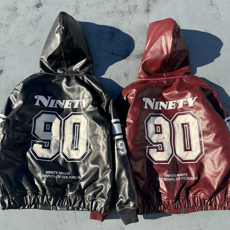 Numbering Synthetic Leather Zip Hoodie