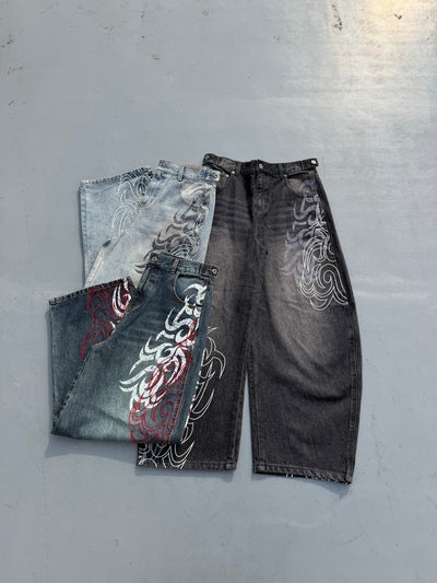 Tribal Logo Slub Denim Baggy Pants