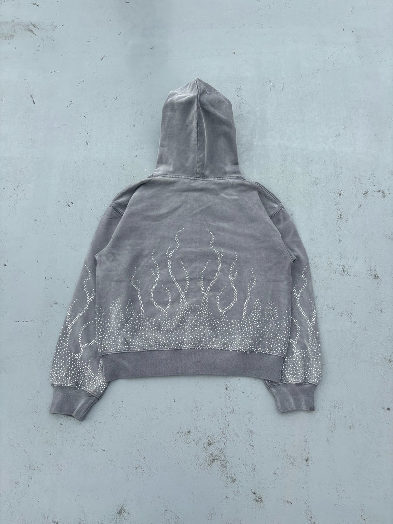 Bullet Logo Fire Print Rhinestone Zip Hoodie – YZ