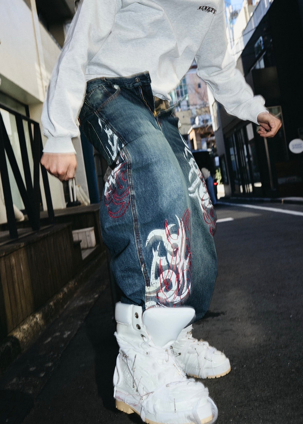 Tribal Logo Slub Denim Baggy Pants – YZ