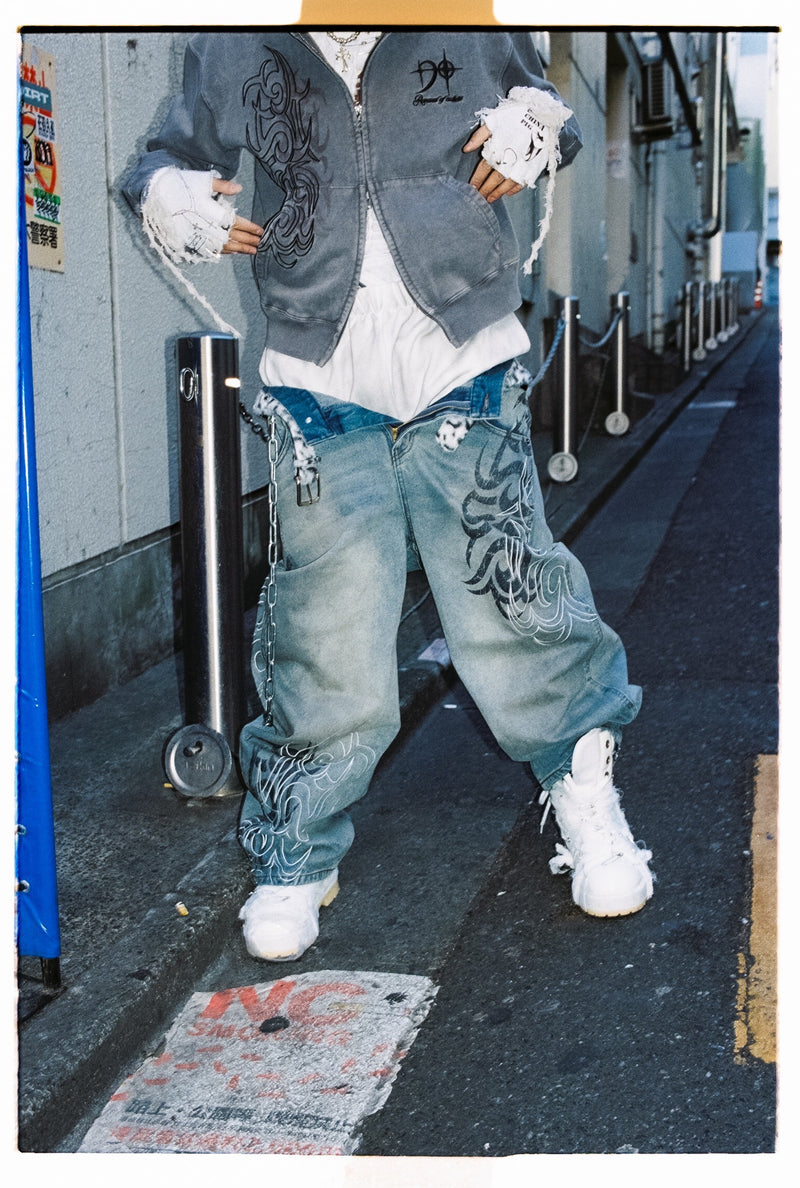 Tribal Logo Slub Denim Baggy Pants – YZ