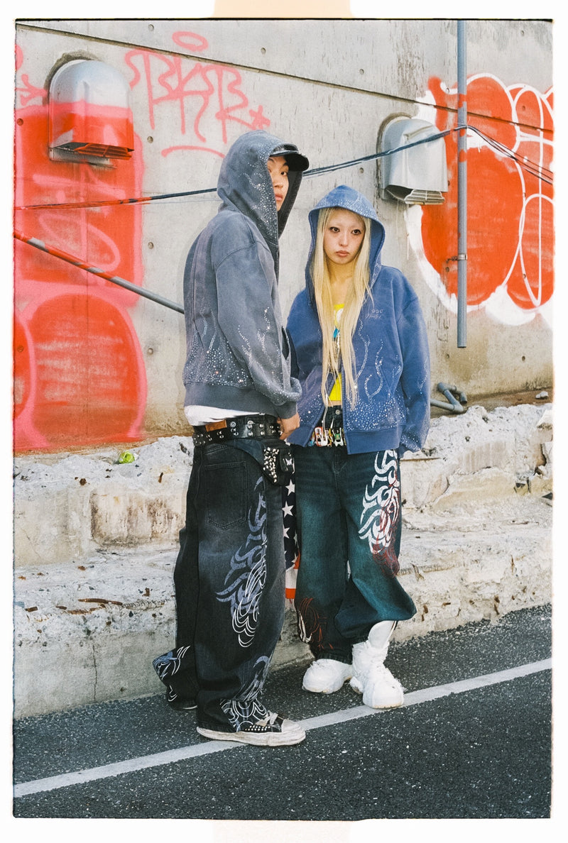 Bullet Logo Fire Print Rhinestone Zip Hoodie – YZ
