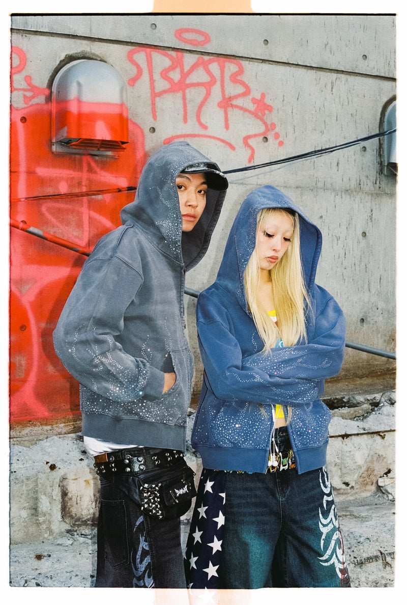 Bullet Logo Fire Print Rhinestone Zip Hoodie – YZ