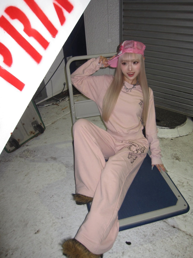 Butterfly logo rhinestone rich sweat pants