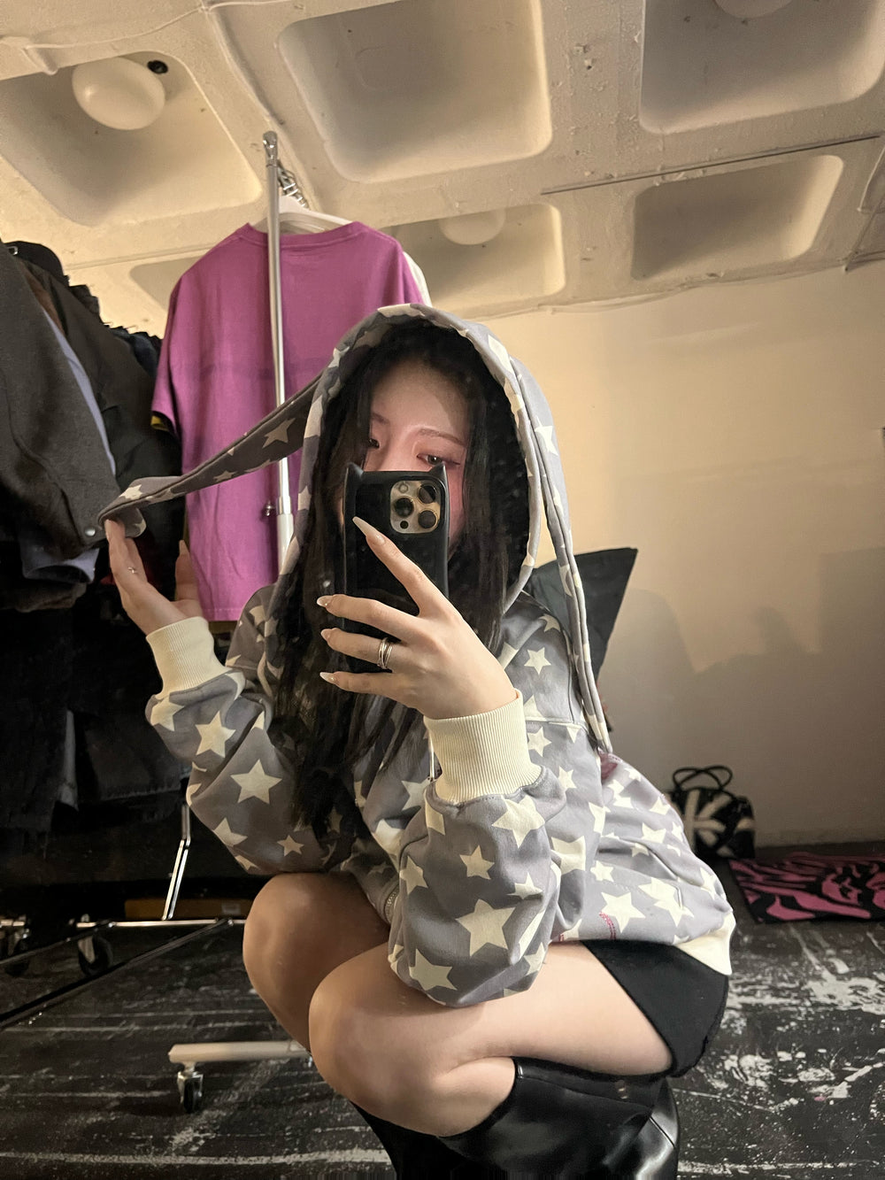 9090girl ウサギ耳付きブラックパーカー Rabbit Ear Zip Hoodie – YZ