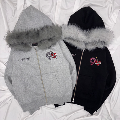 Ed Hardy 90 Logo Fur Zip Hoodie – YZ Ed Hardy 90 Logo Fur Zip Hoodie – YZ