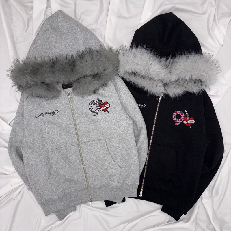 Ed Hardy 90 Logo Fur Zip Hoodie – YZ Ed Hardy 90 Logo Fur Zip Hoodie – YZ