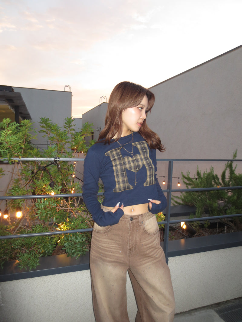 H heart check pattern long Tee