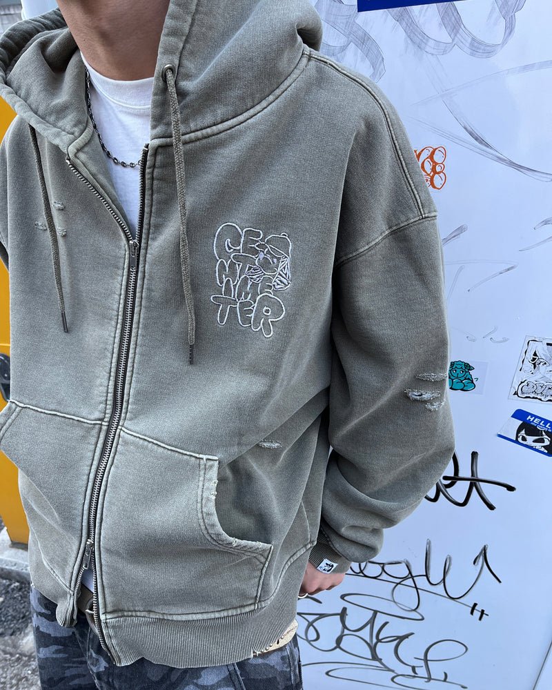 Damaged doodle pigment zip hoodie