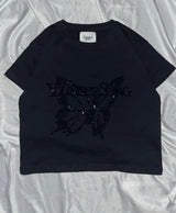 Front butterfly logo rhinestone ss tee