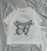 Front butterfly logo rhinestone ss tee