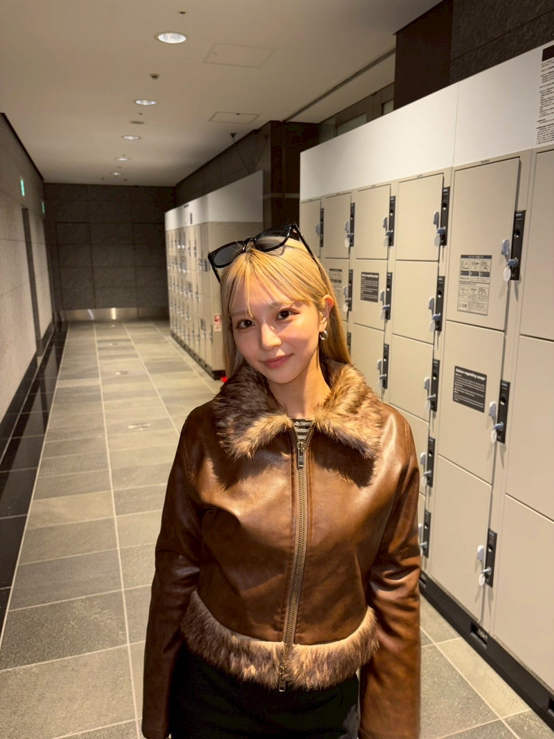 OE logo leather fakefar jacket