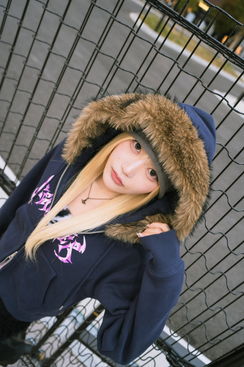 Tribal logo fur zip hoodie