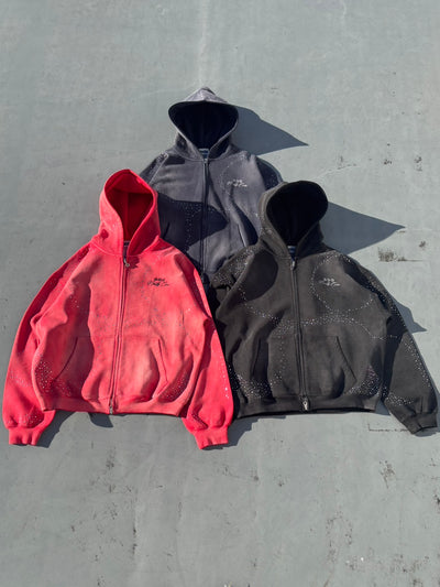 子弹标志水钻拉链连帽衫 