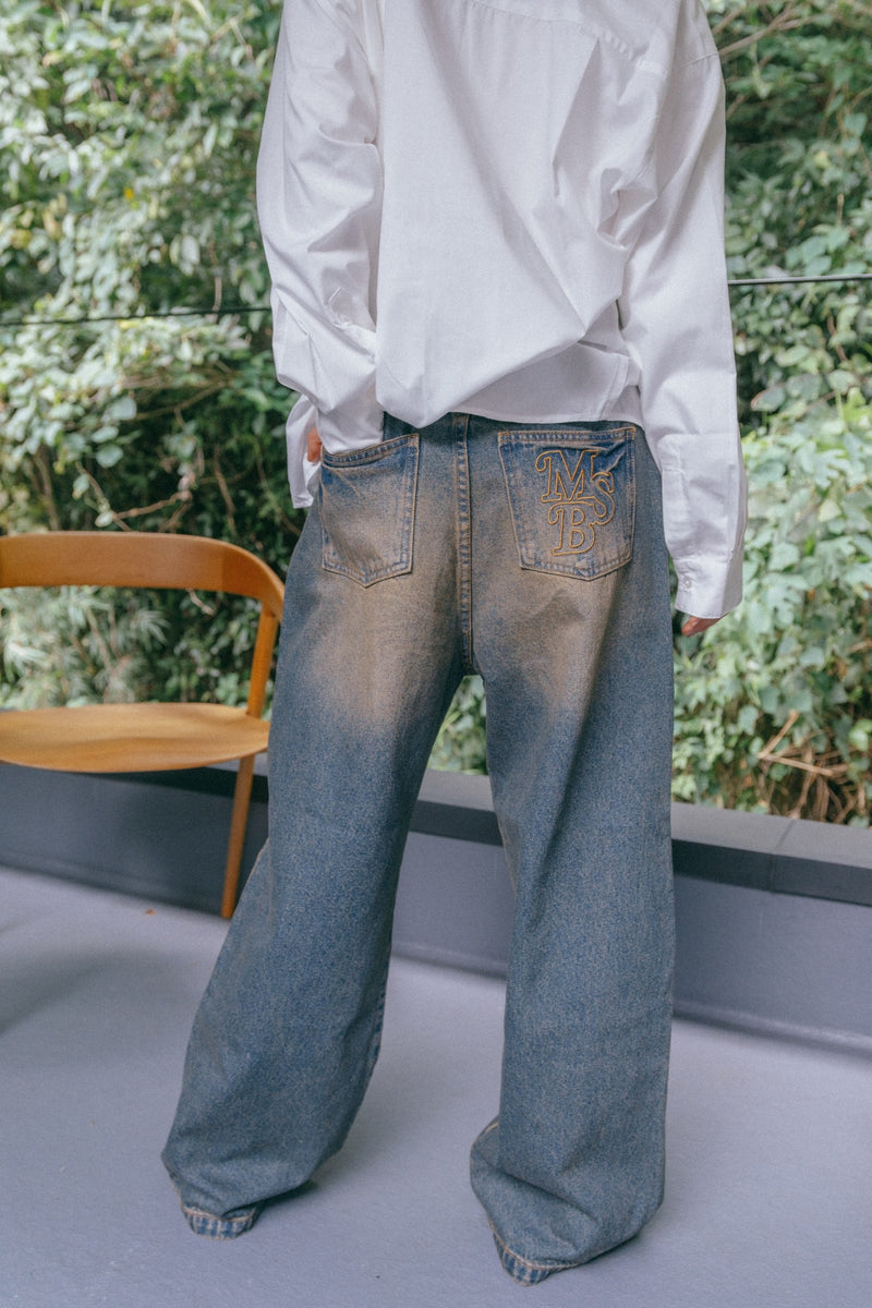 tucked denim wide pants