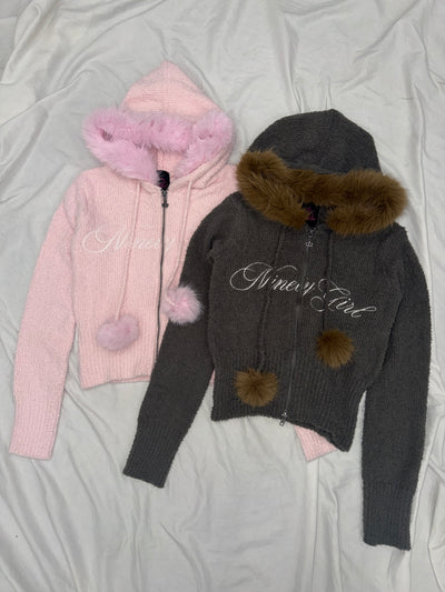 Fur Hooded Zip-Up Knit 