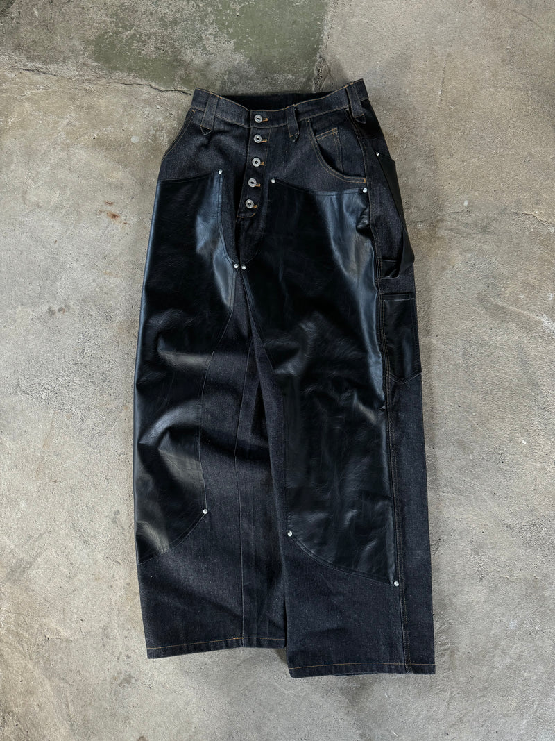 Western Double Knee Leather Switching Wide Denim Pants